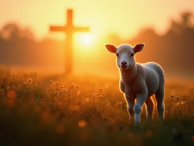 Young Lamb Standing in a Meadow at Sunrise