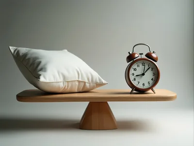 White Pillow And Alarm Clock On Wooden Balance Scale