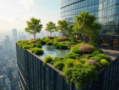 Modern Skyscraper Rooftop Garden With Reflecting Pool
