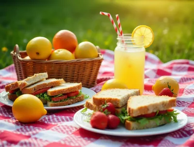 Picnic Lunch With Sandwiches And Lemonade On A Blanket