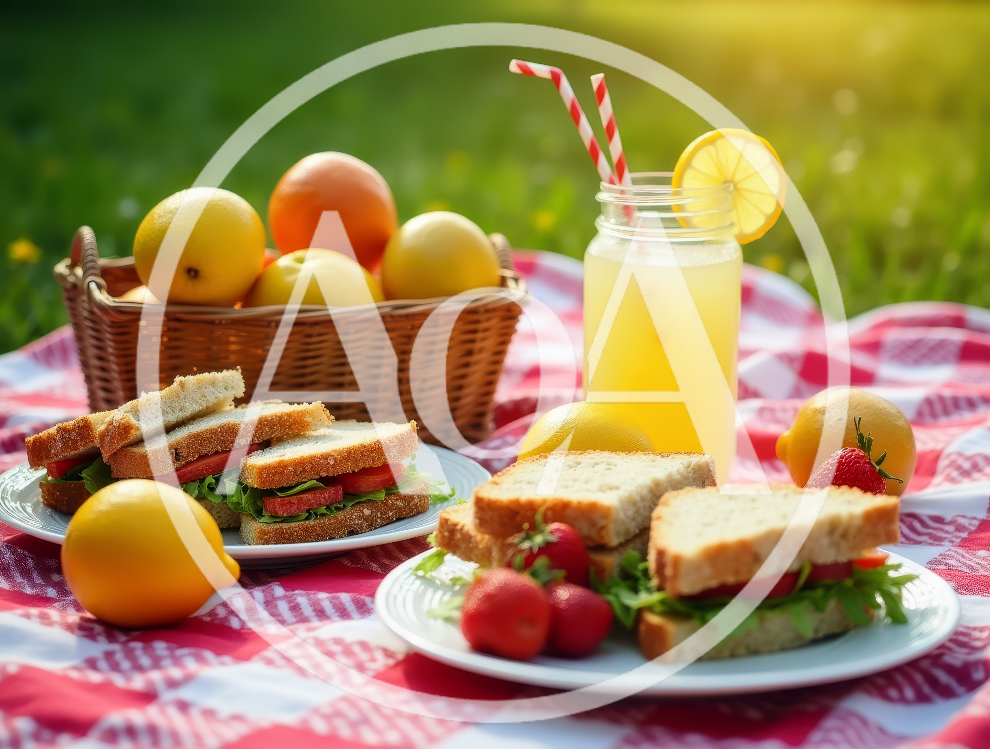 Picnic Lunch With Sandwiches And Lemonade On A Blanket