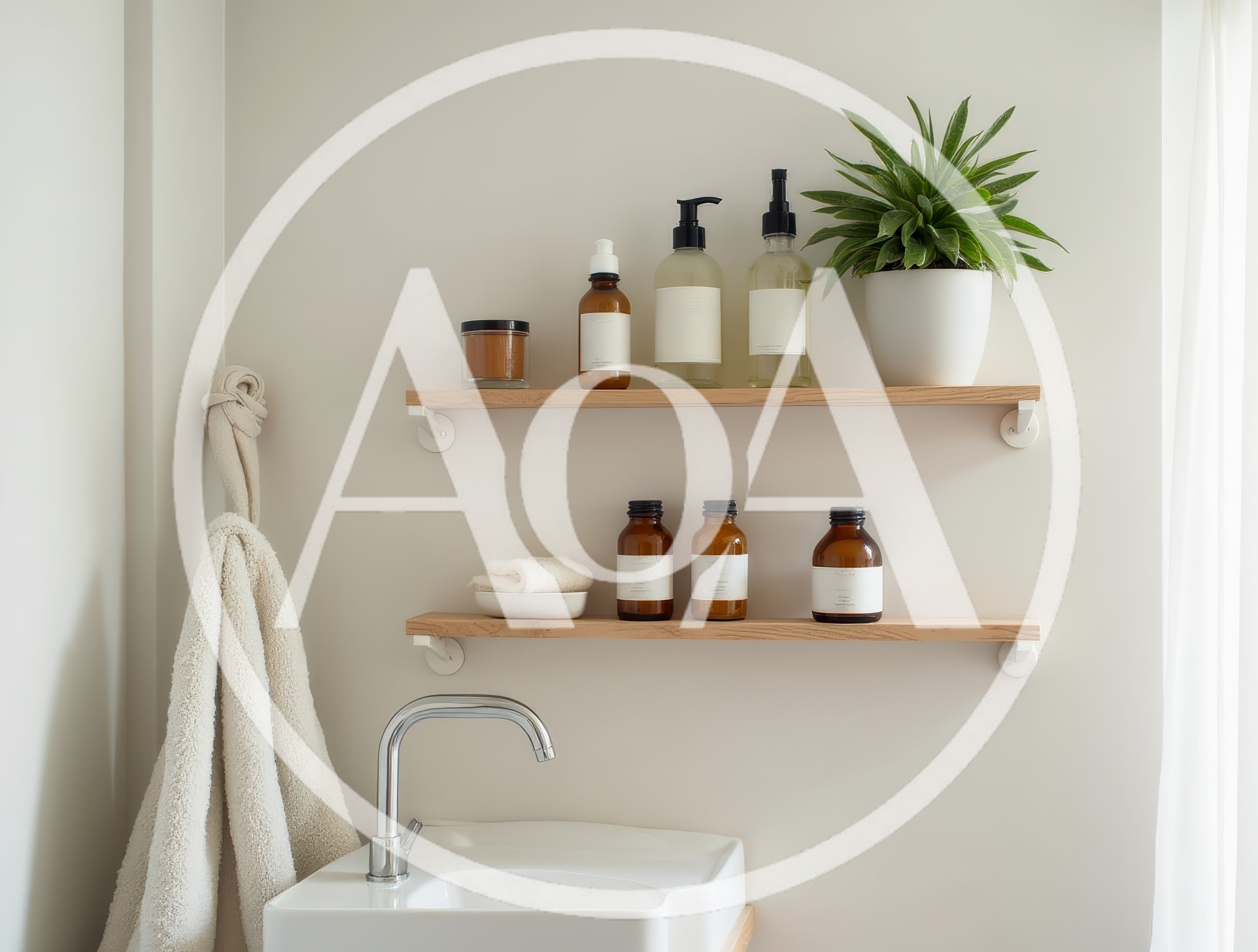Minimalist Bathroom Shelves With Skincare Products And Plant