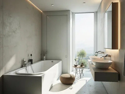 Modern Minimalist Bathroom Interior With Bathtub And Vanity