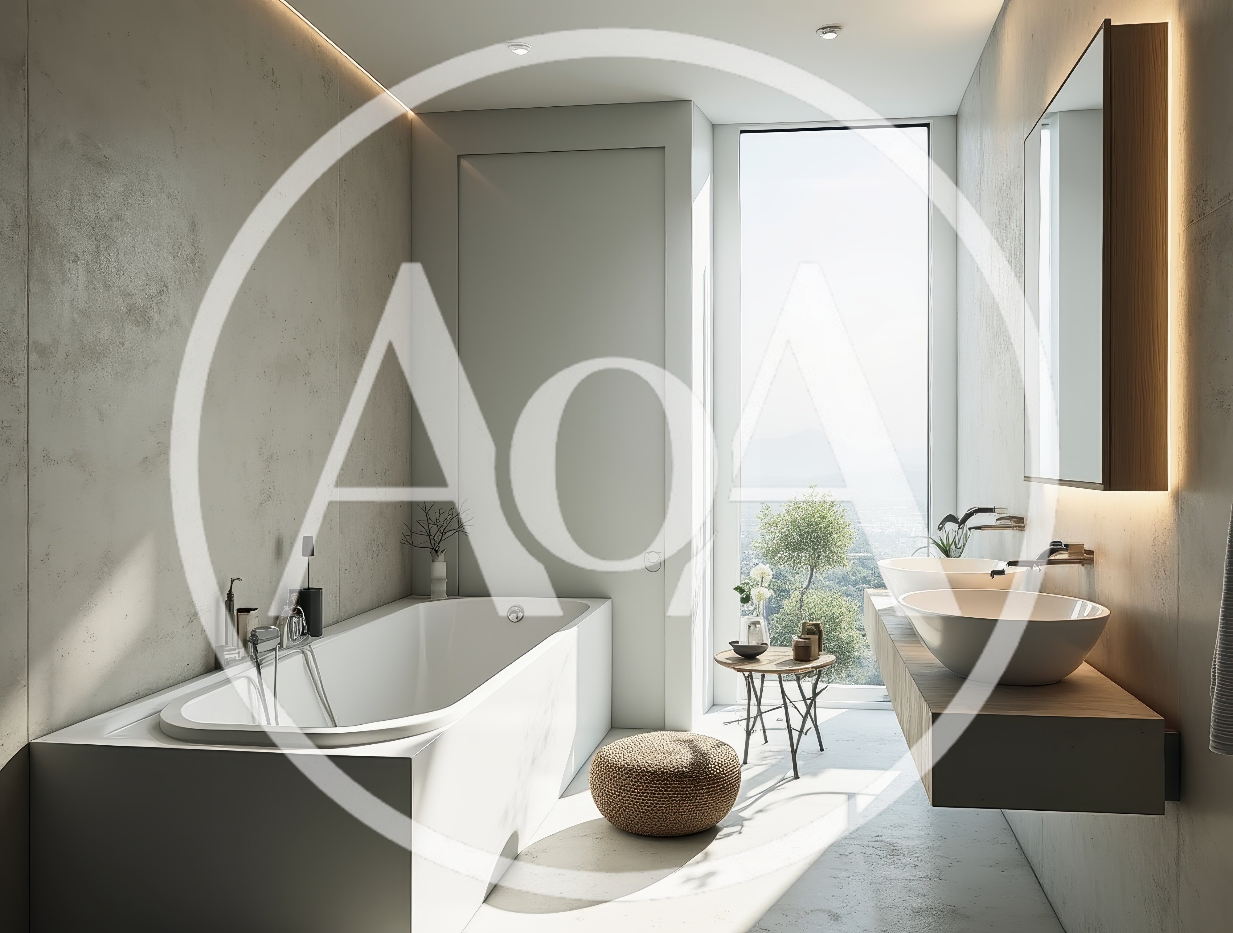 Modern Minimalist Bathroom Interior With Bathtub And Vanity