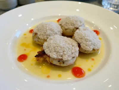 Gourmet Scallop Appetizer With Sauce And Garnishes
