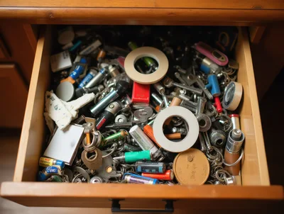Open Wooden Drawer Filled With Miscellaneous Household Junk