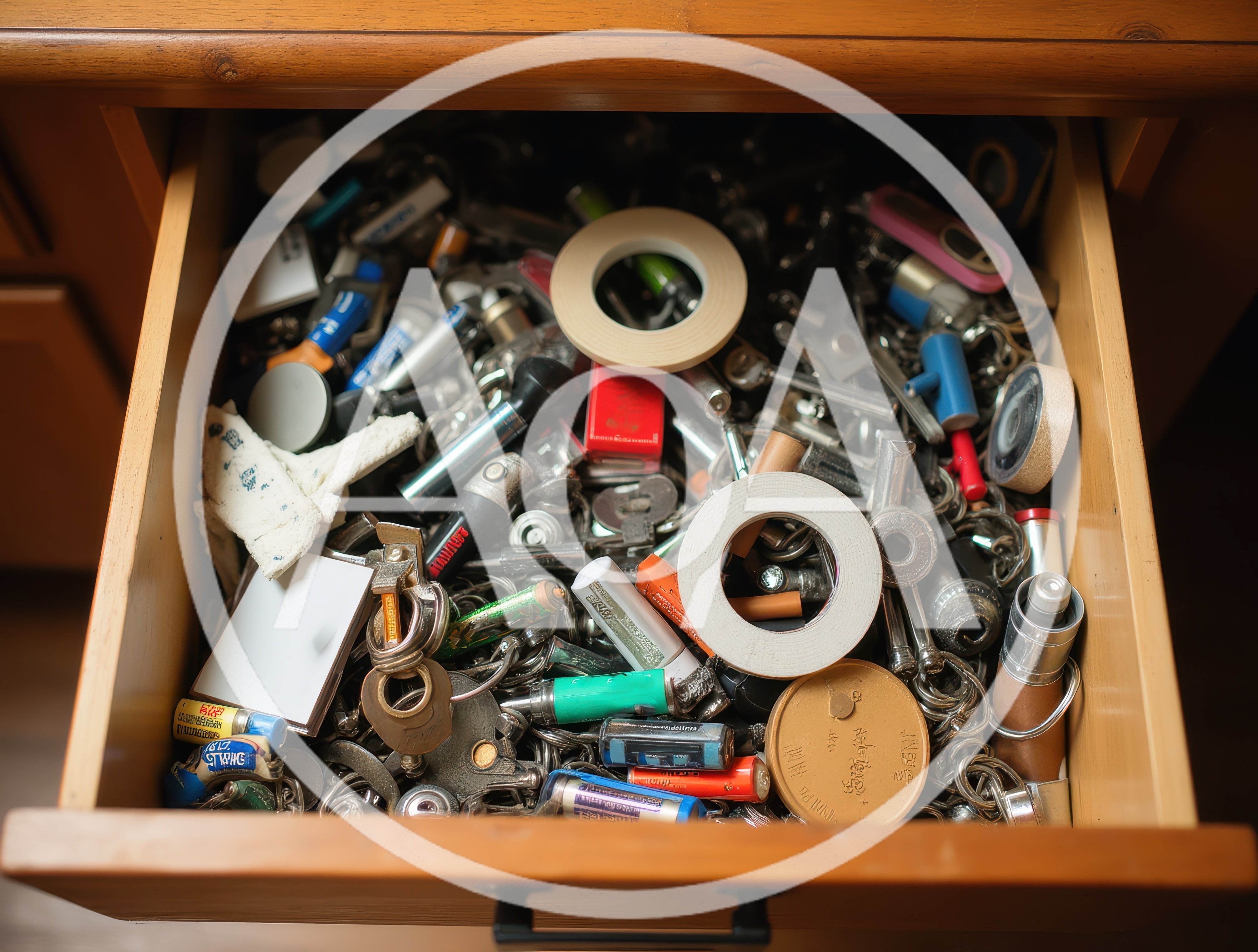 Open Wooden Drawer Filled With Miscellaneous Household Junk