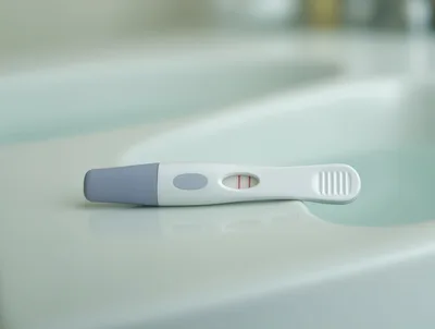 Positive Pregnancy Test Resting On A Bathroom Sink