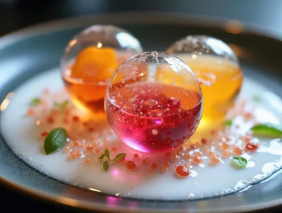 Molecular Gastronomy Dessert With Colorful Fruit Spheres
