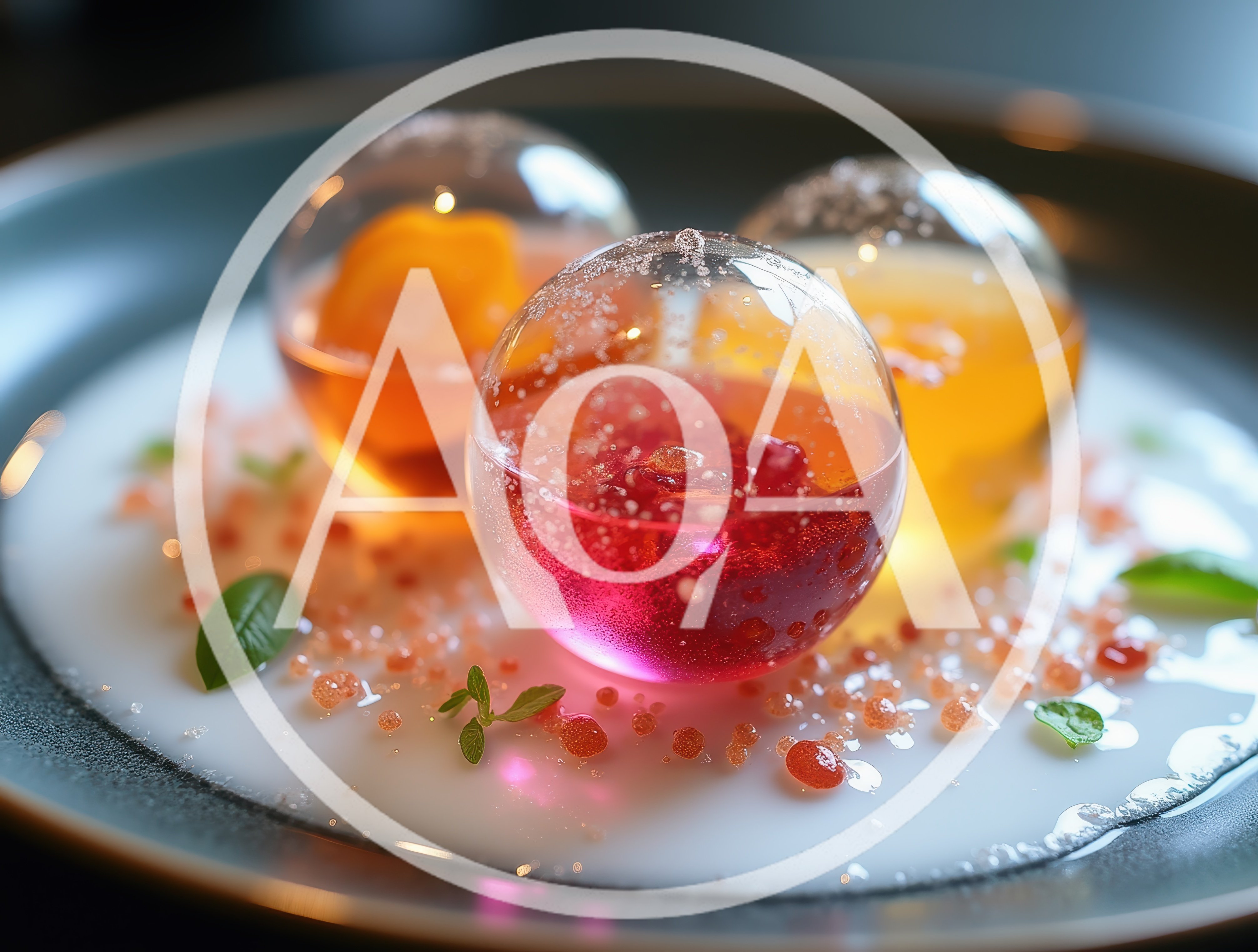 Molecular Gastronomy Dessert With Colorful Fruit Spheres