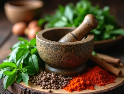 Mortar and Pestle with Fresh Herbs and Spices