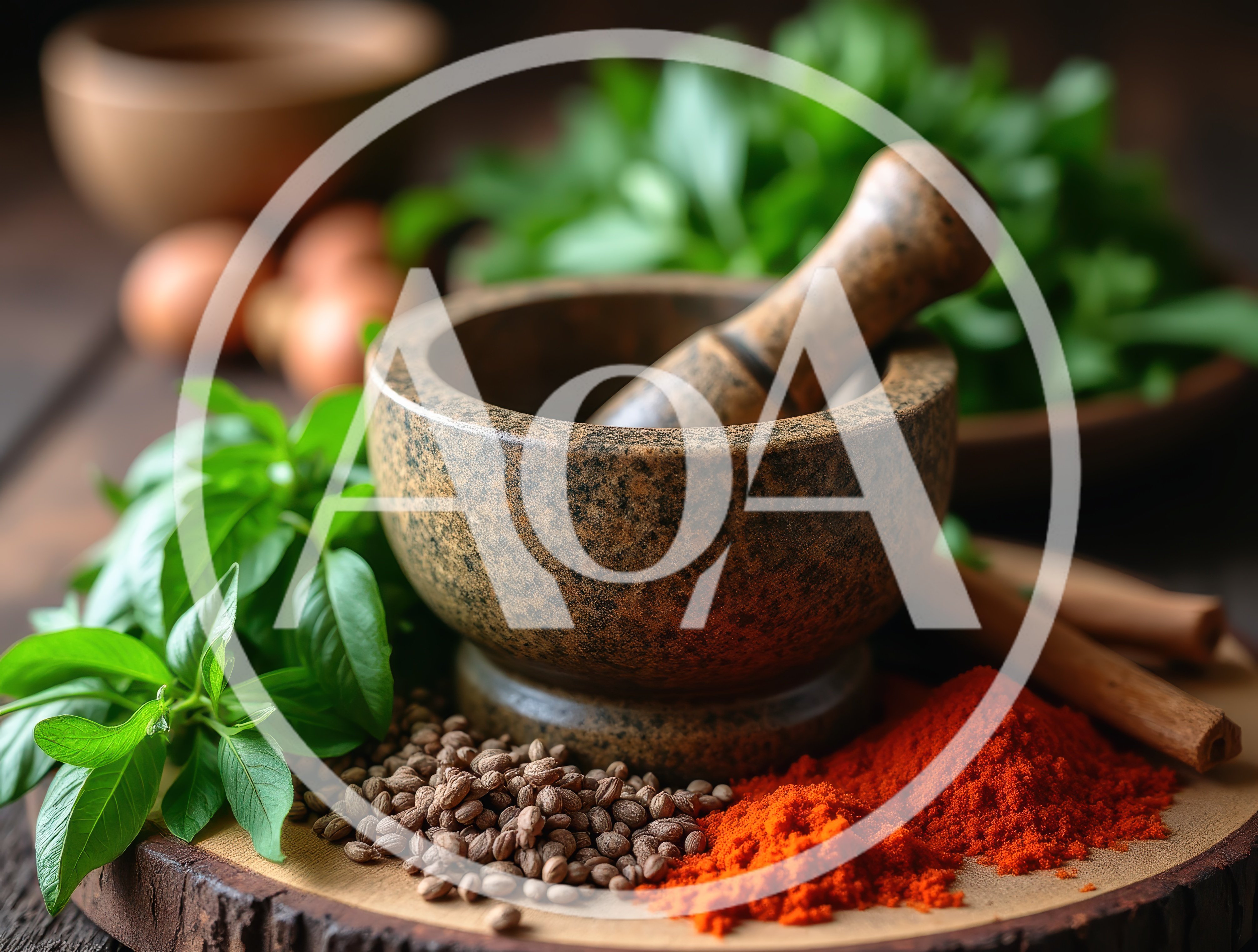 Mortar and Pestle with Fresh Herbs and Spices