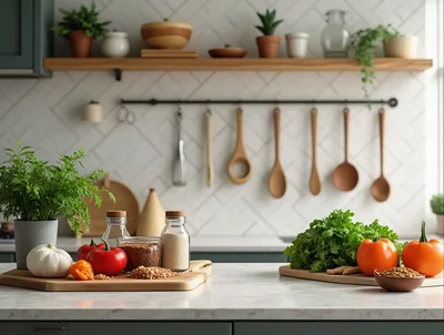 Fresh Vegetables And Grains On A Kitchen Counter