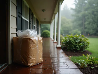 Package Wrapped In Plastic Sitting On Rainy Porch