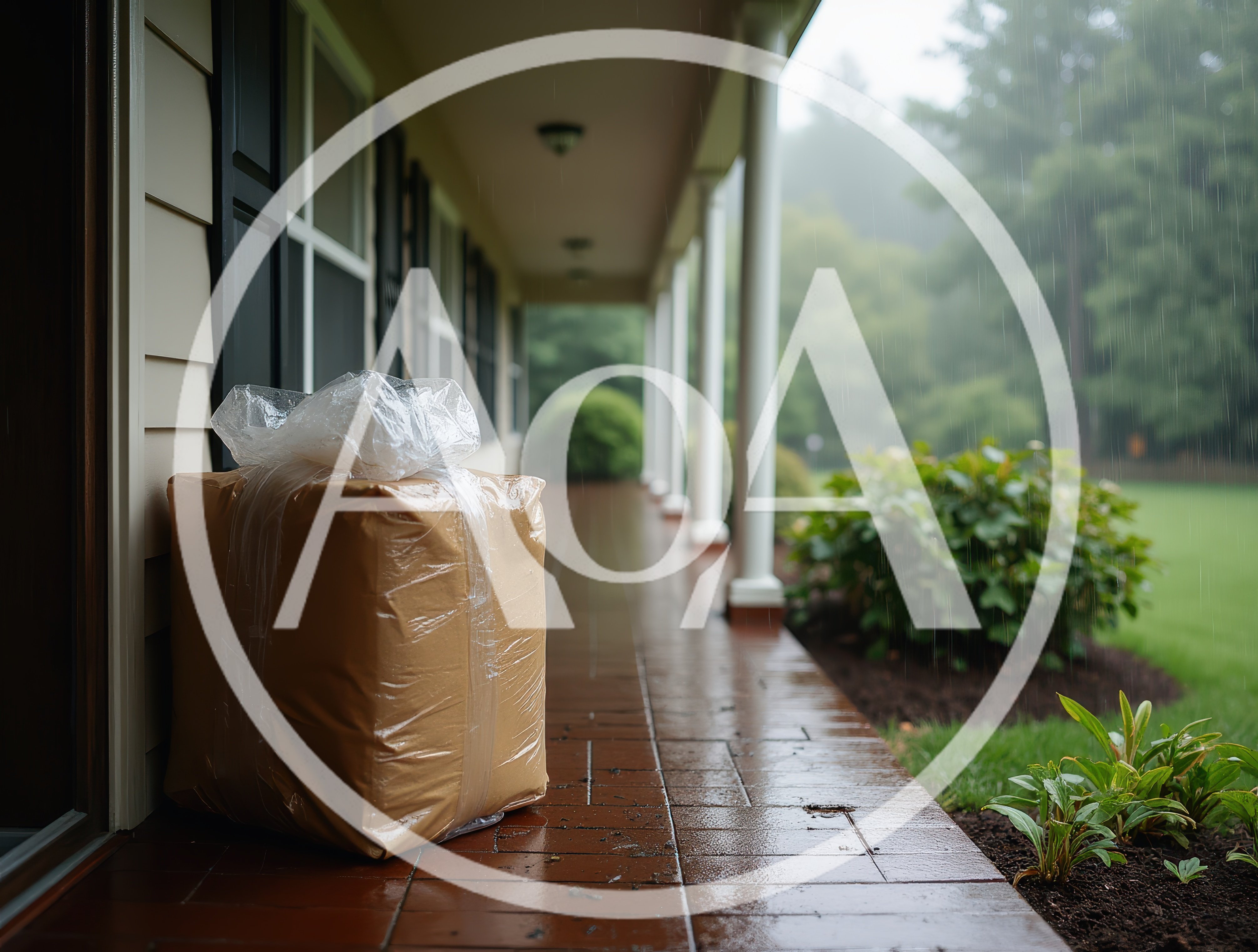 Package Wrapped In Plastic Sitting On Rainy Porch
