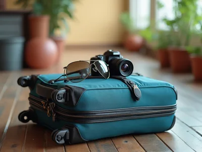 Travel Suitcase With Camera And Sunglasses On Wooden Floor