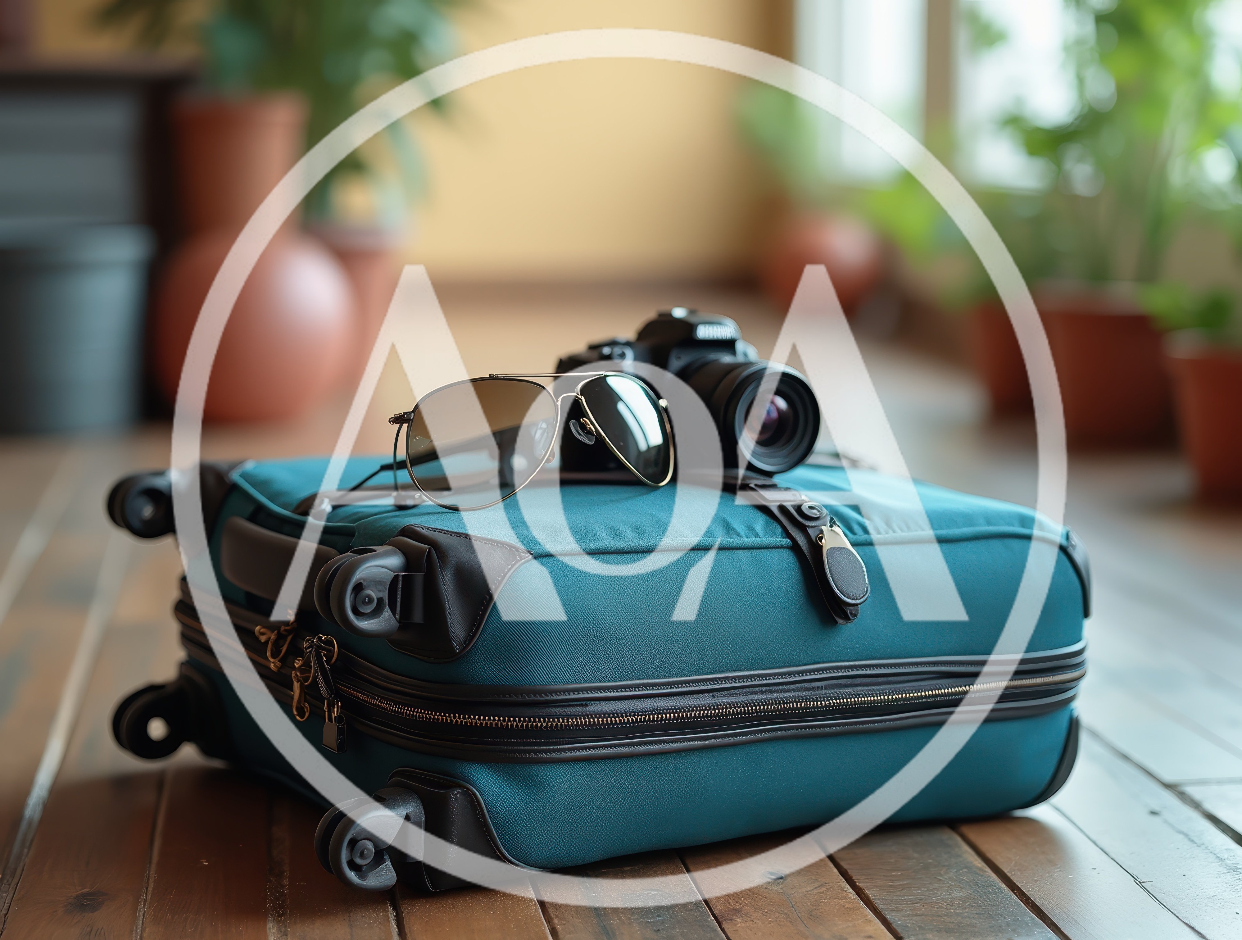 Travel Suitcase With Camera And Sunglasses On Wooden Floor