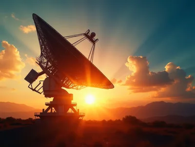 Large Radio Telescope Dish at Sunset