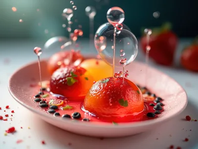 Artistic Fruit Jelly Dessert With Floating Bubbles