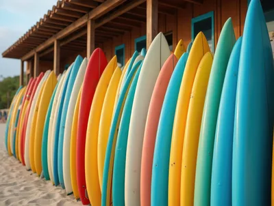 Colorful Surfboards Lined Up Against A Beach Shack