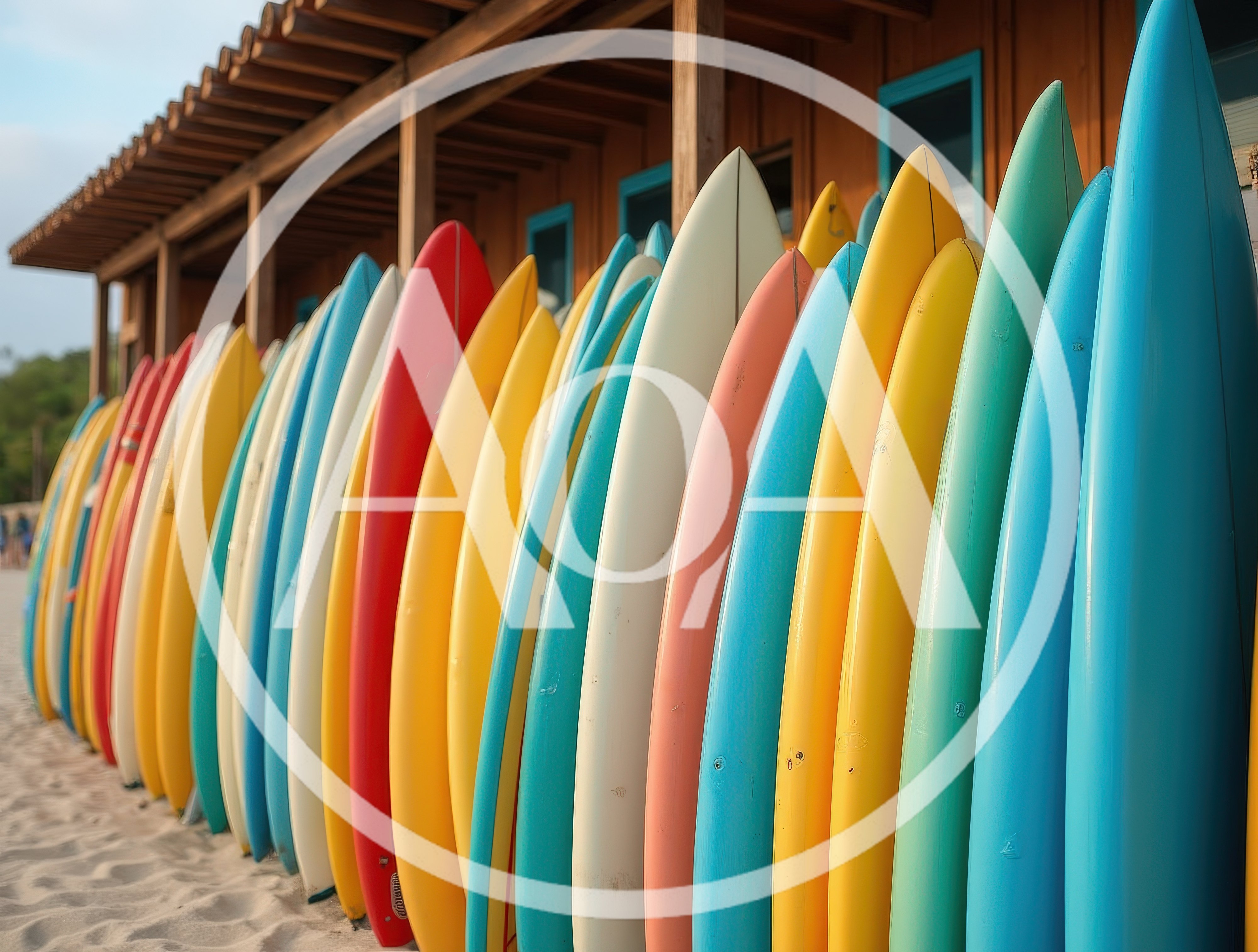 Colorful Surfboards Lined Up Against A Beach Shack