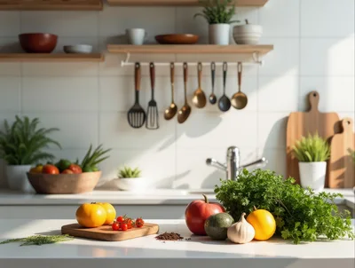 Fresh Vegetables And Herbs On A Kitchen Counter