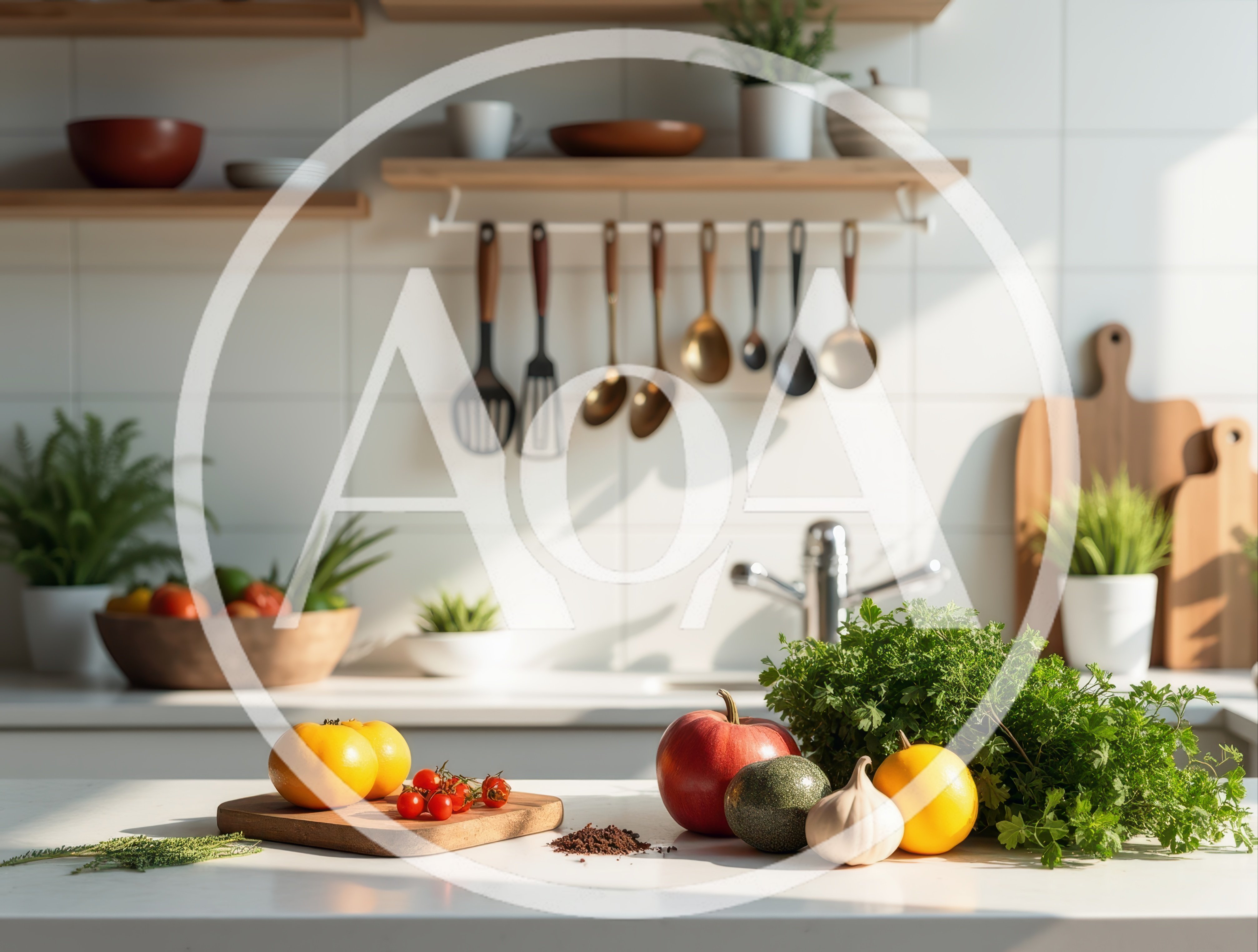 Fresh Vegetables And Herbs On A Kitchen Counter