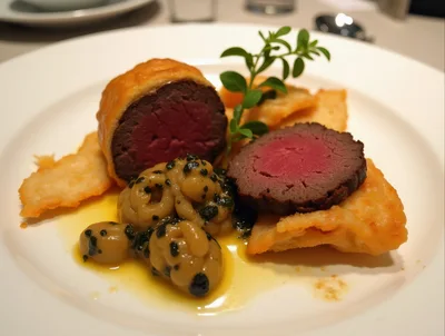 Gourmet Beef Wellington Plated With Truffle Garnish