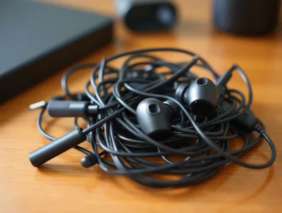 Tangled Black Wired Earphones On A Wooden Desk
