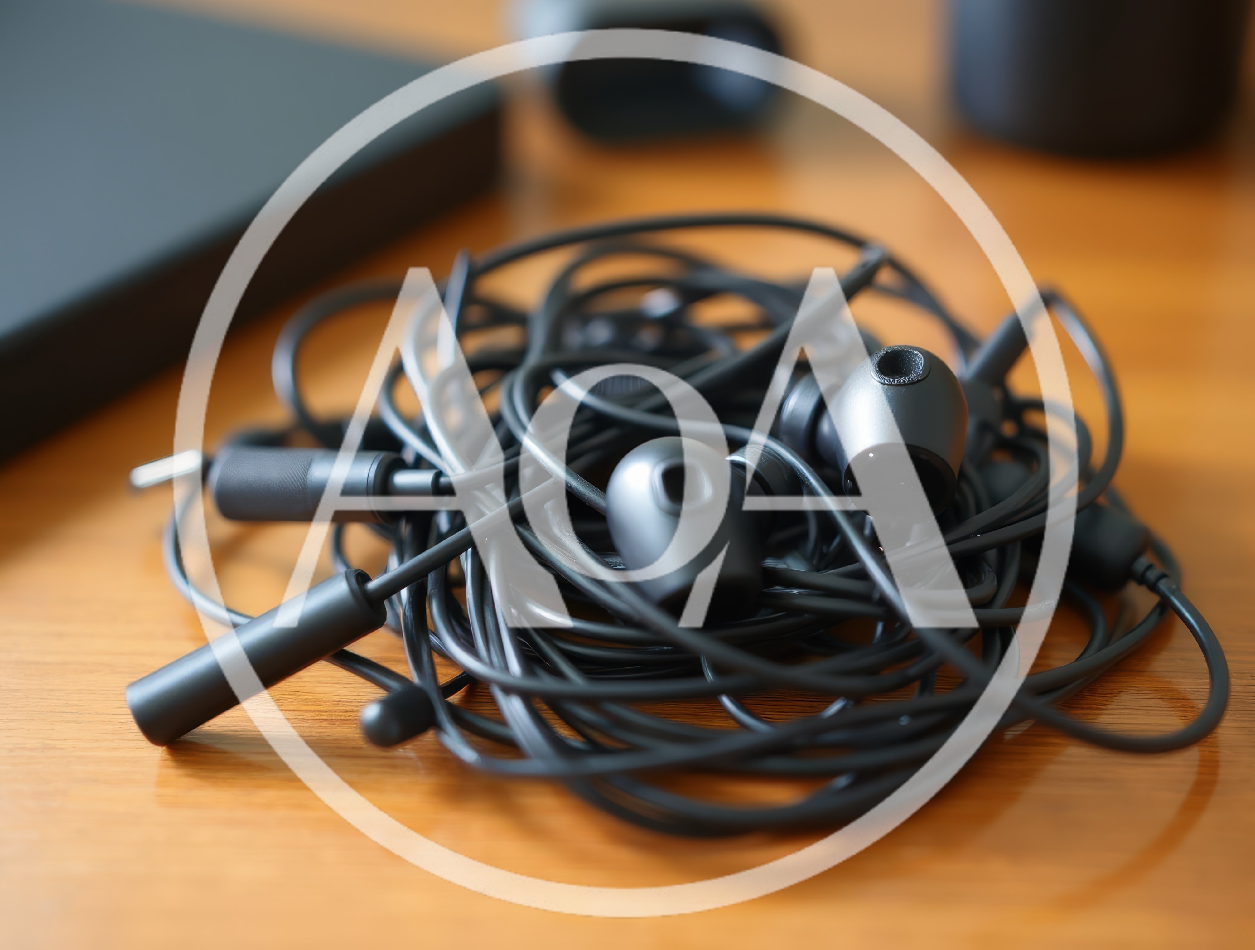 Tangled Black Wired Earphones On A Wooden Desk