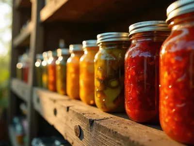 Rows Of Homemade Preserves In Glass Jars