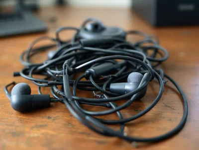 Tangled Black Wired Earphones On Wooden Desk