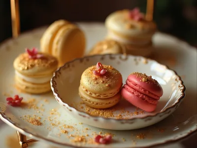 Elegant Gold And Pink Macarons On A Tiered Stand
