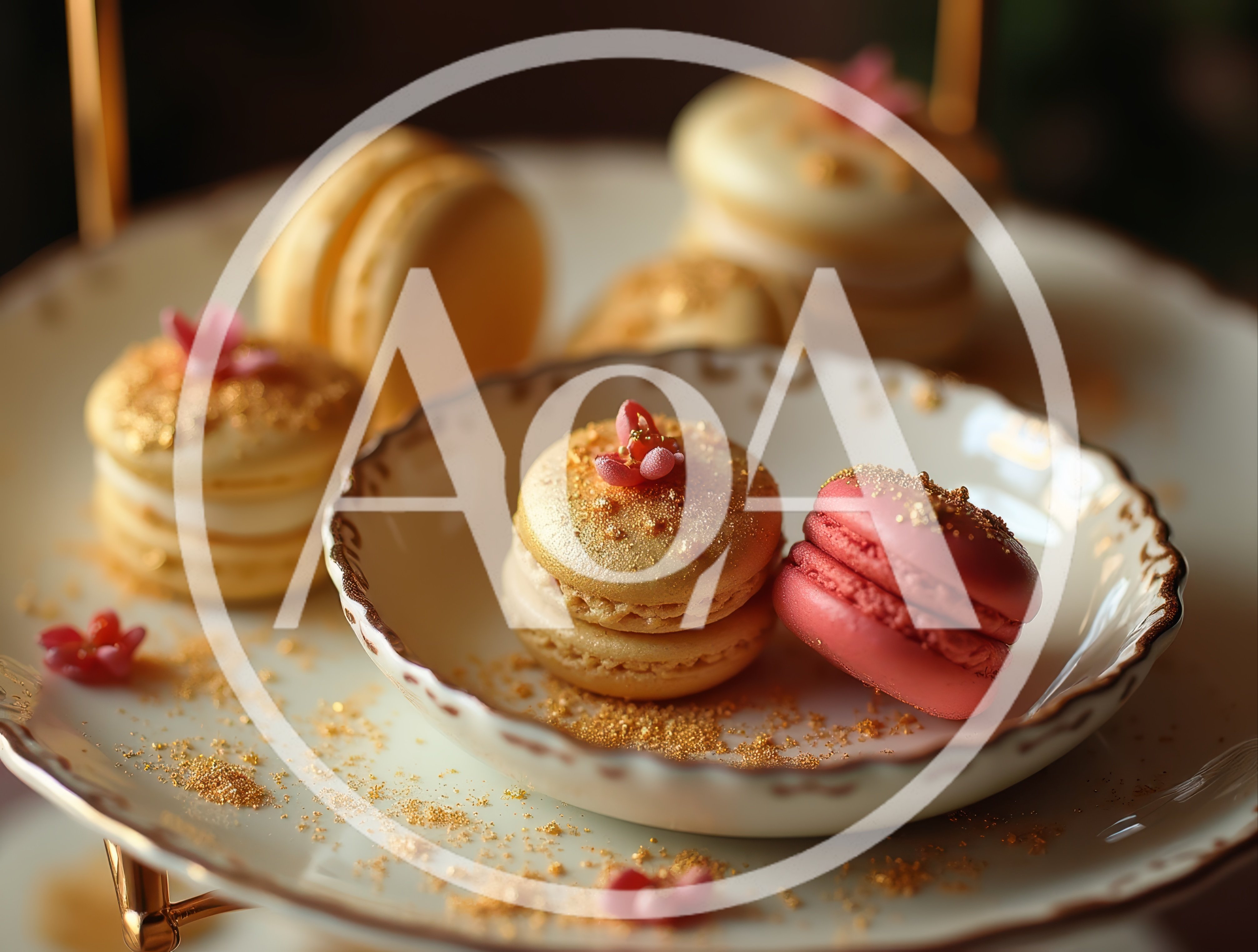 Elegant Gold And Pink Macarons On A Tiered Stand