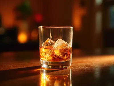 Glass Of Whiskey With Ice Cubes On A Bar