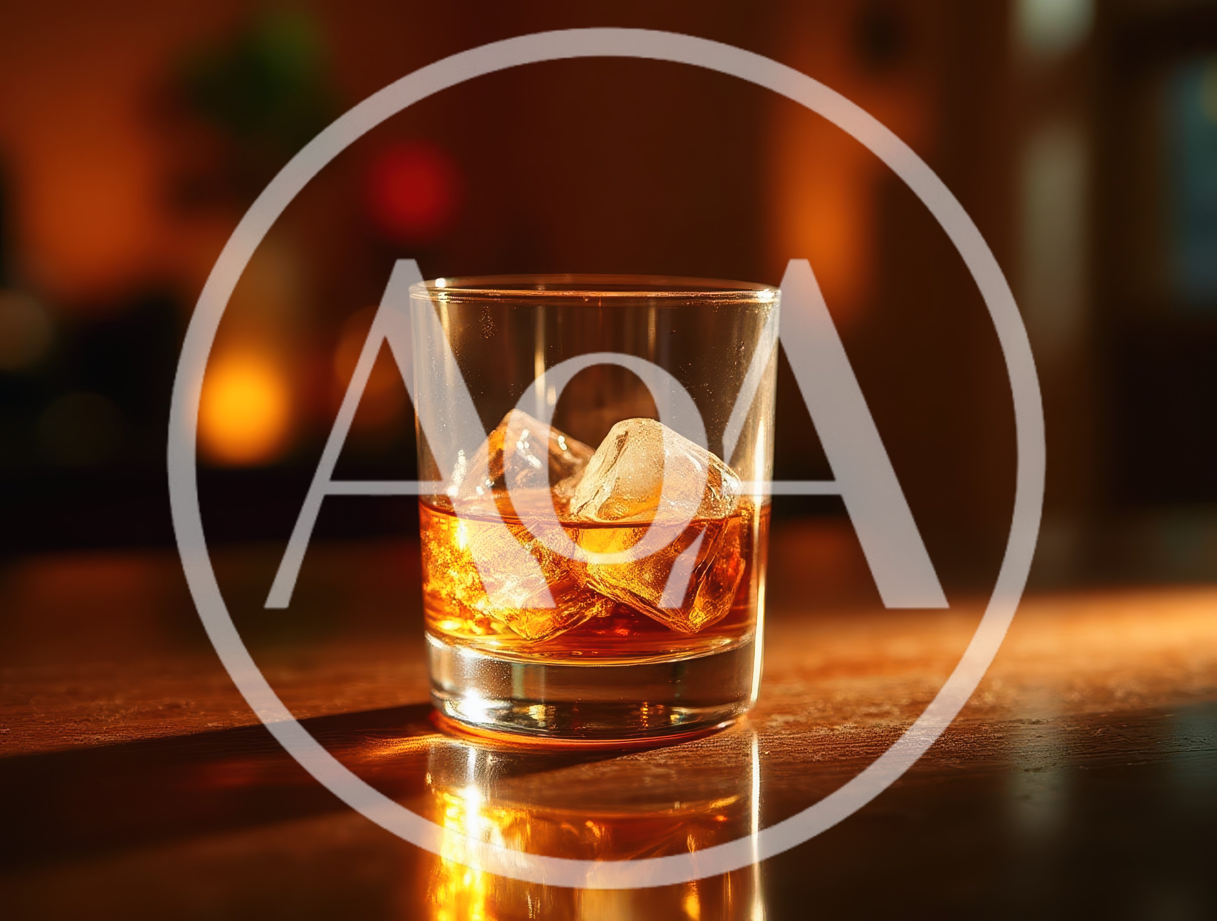 Glass Of Whiskey With Ice Cubes On A Bar