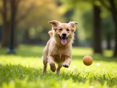 Golden Retriever Puppy Running Toward Ball In Park