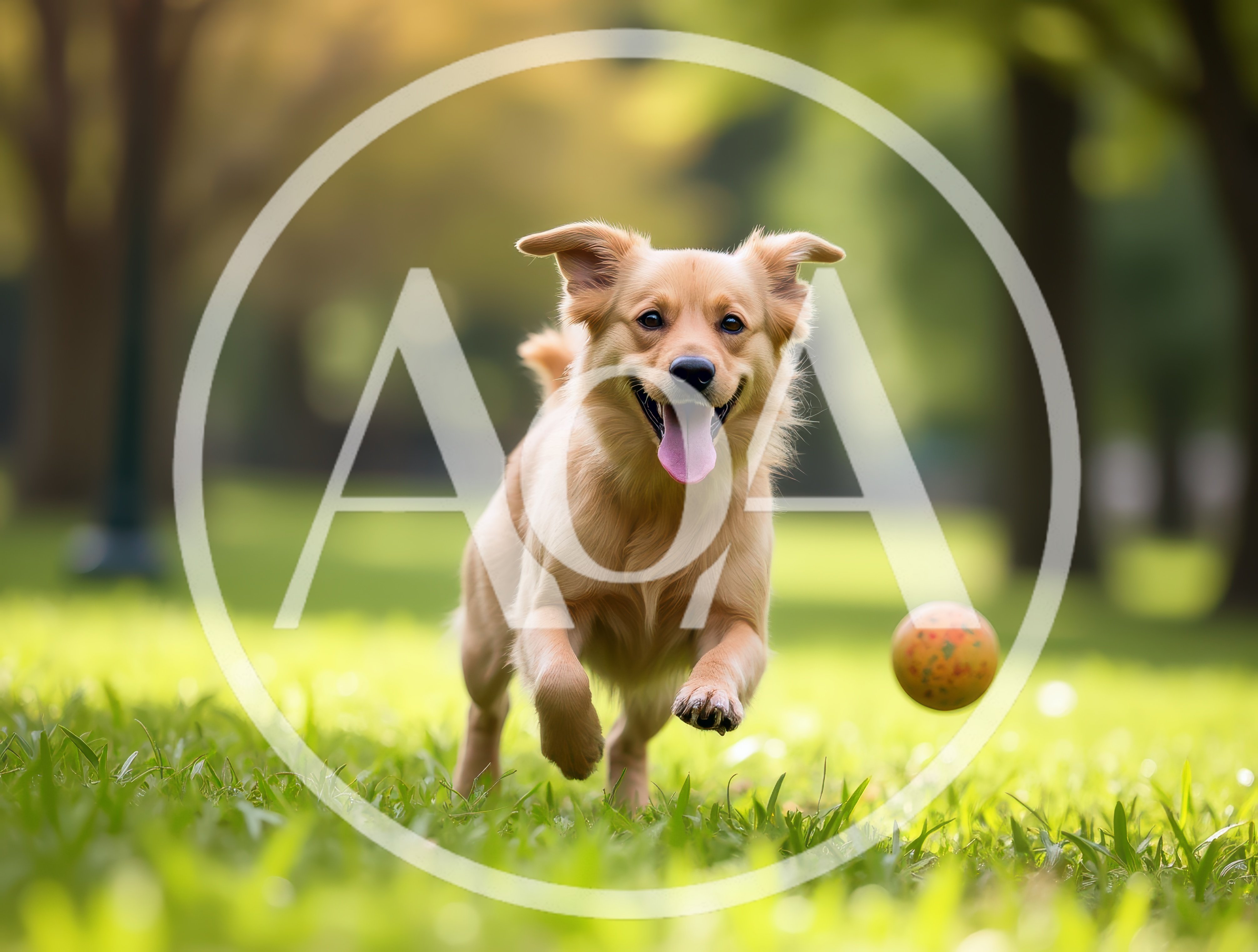 Golden Retriever Puppy Running Toward Ball In Park