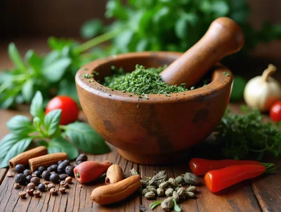 Wooden Mortar And Pestle With Fresh Herbs And Spices