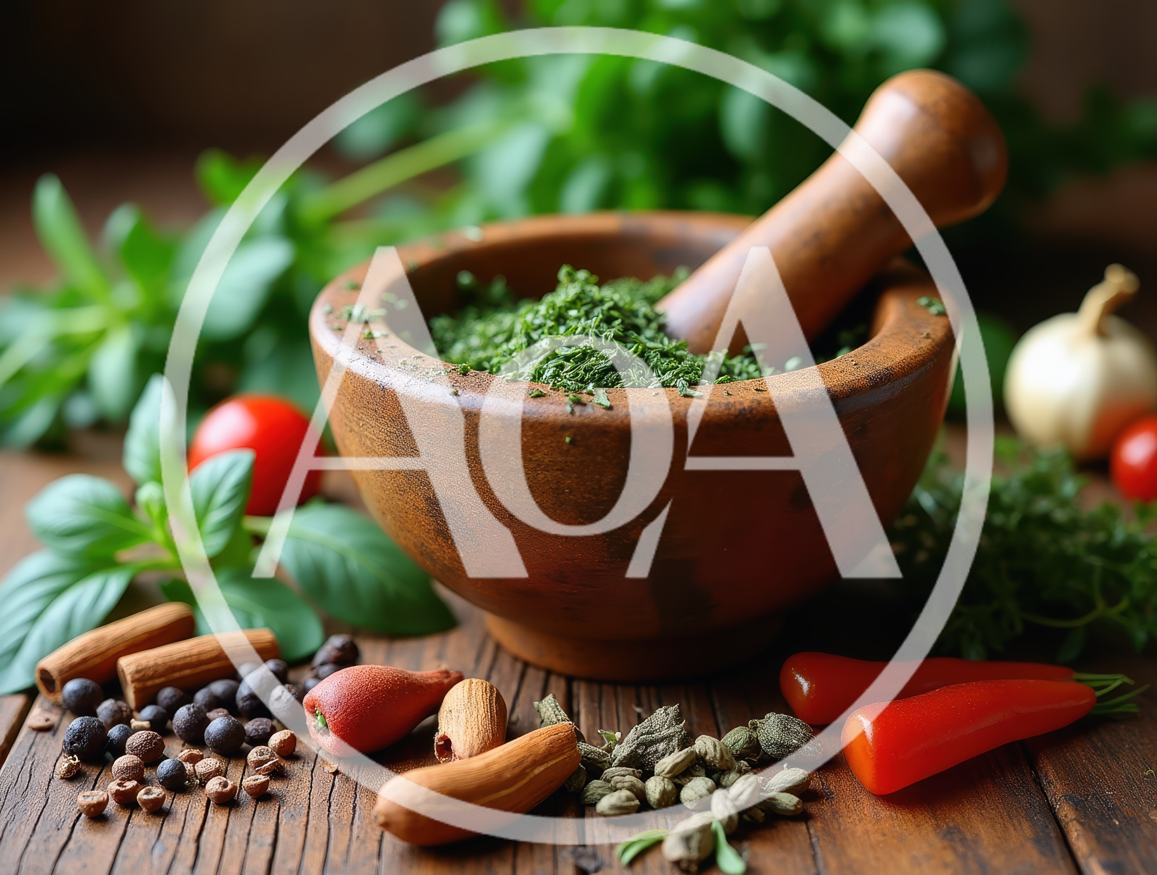 Wooden Mortar And Pestle With Fresh Herbs And Spices