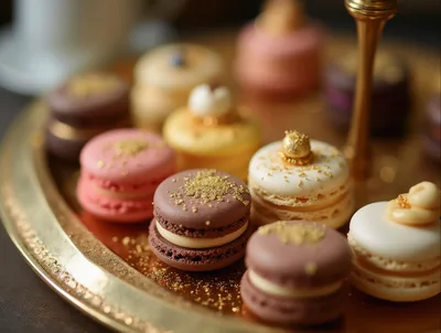 Gourmet Macarons Arranged On A Golden Serving Tray