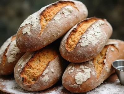 Freshly Baked Artisan Bread Loaves On Wooden Surface
