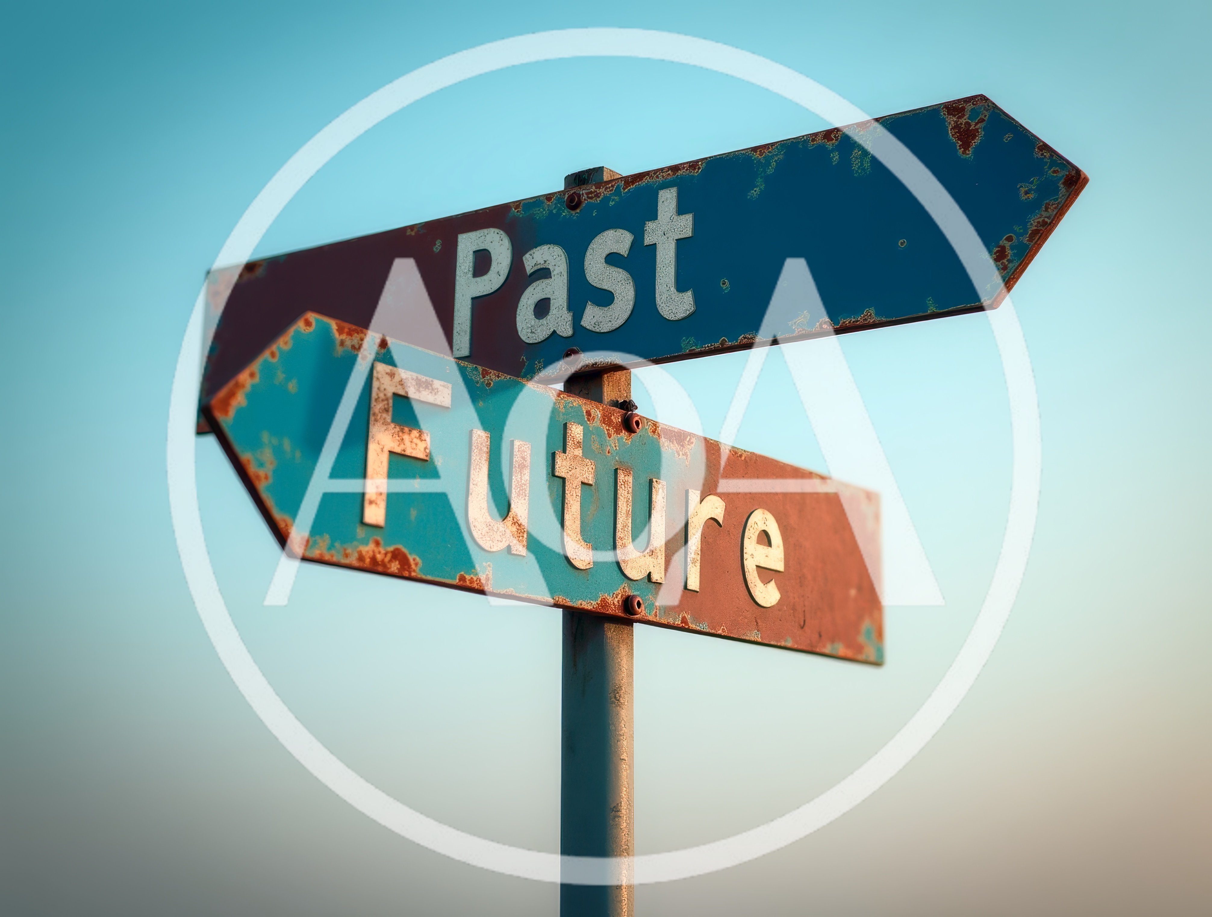 Rusty Metal Directional Signs Pointing To Past And Future