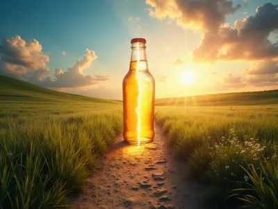 Glowing Beer Bottle Standing In A Golden Wheat Field