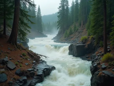 Rushing River Waterfall In A Misty Coniferous Forest