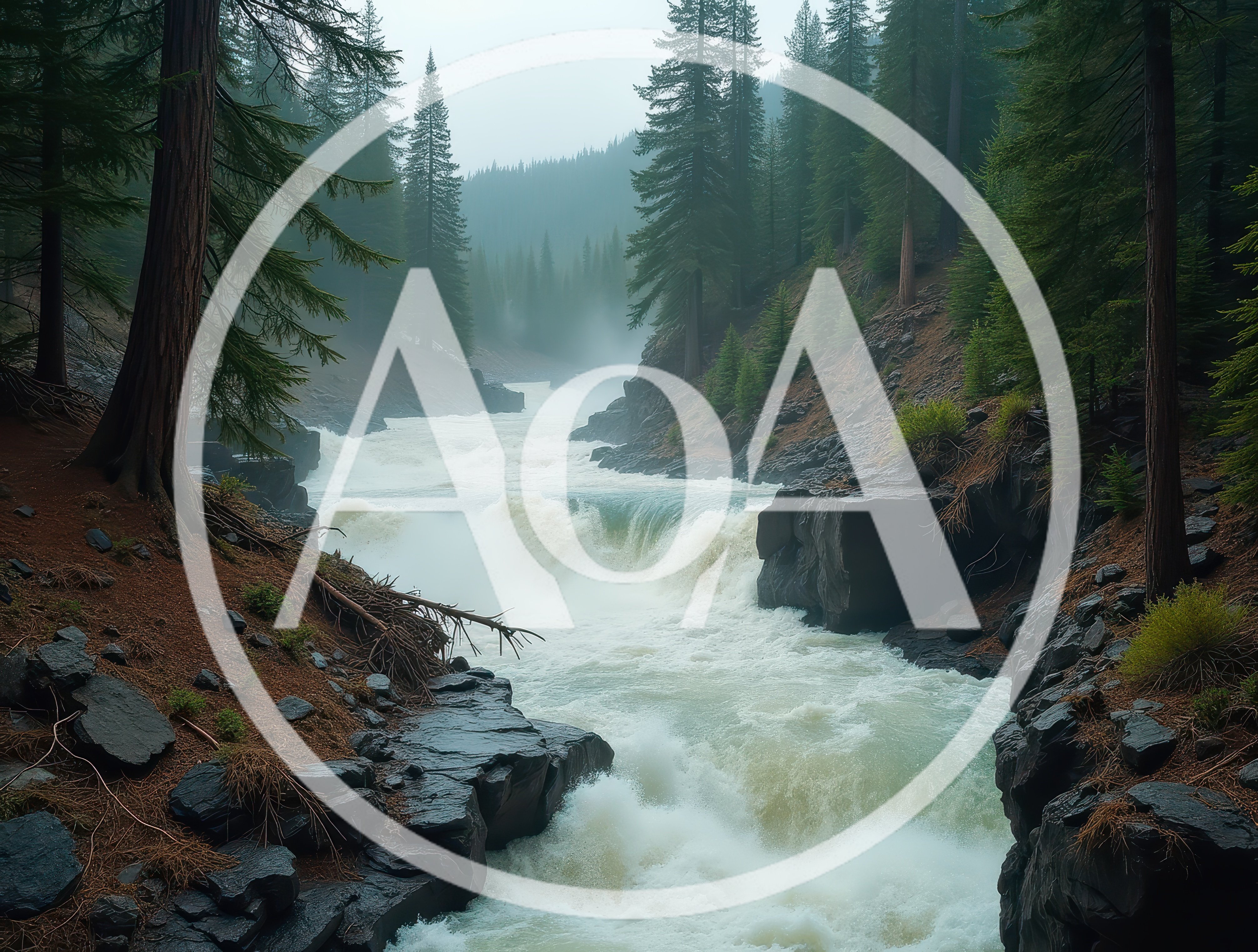 Rushing River Waterfall In A Misty Coniferous Forest