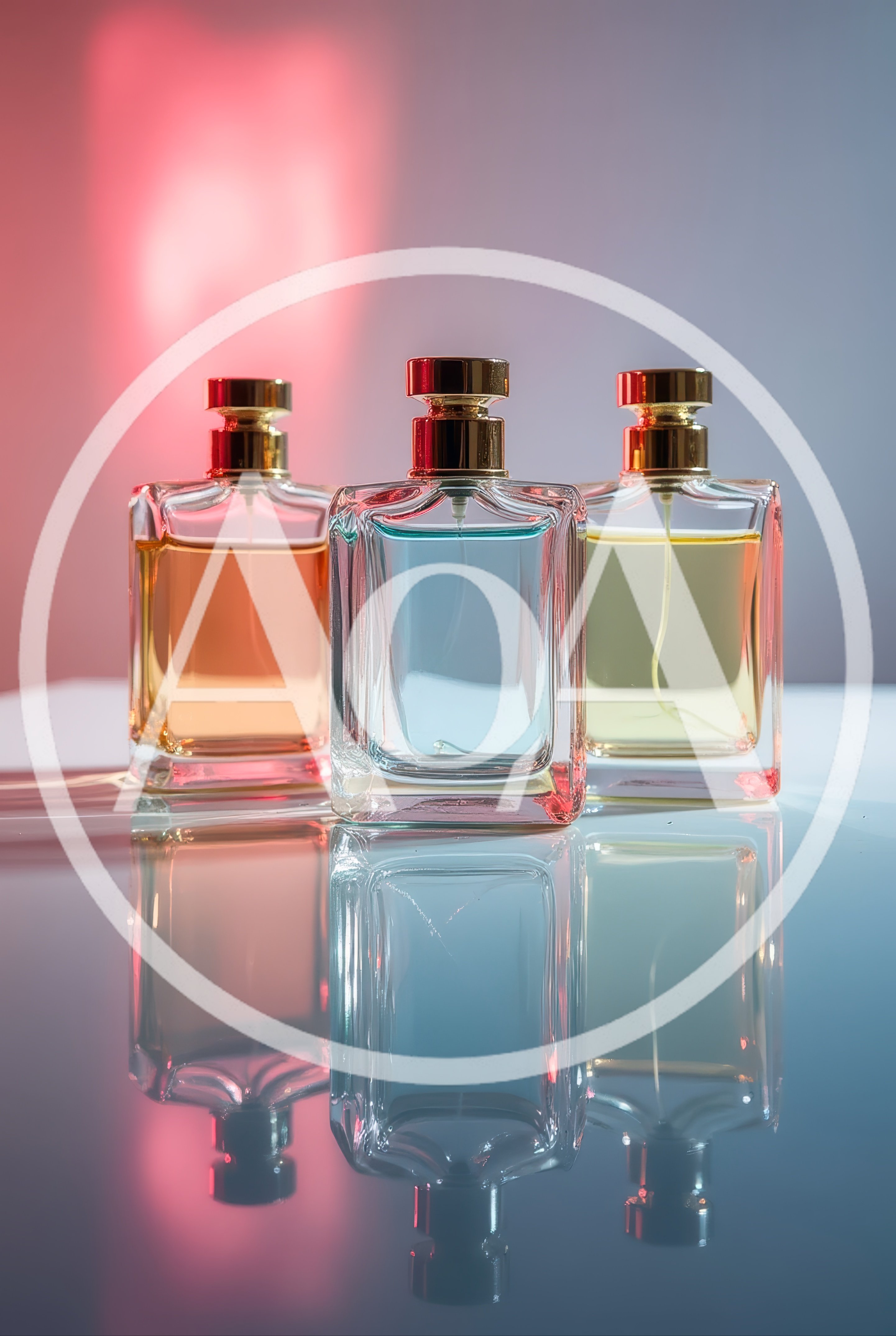 Three Glass Perfume Bottles With Colorful Liquids