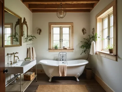 Elegant Clawfoot Bathtub in Rustic Farmhouse Bathroom