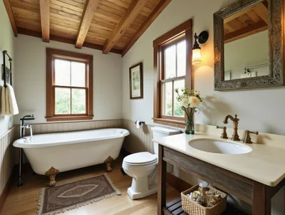 Rustic Bathroom Interior With Clawfoot Tub And Vanity