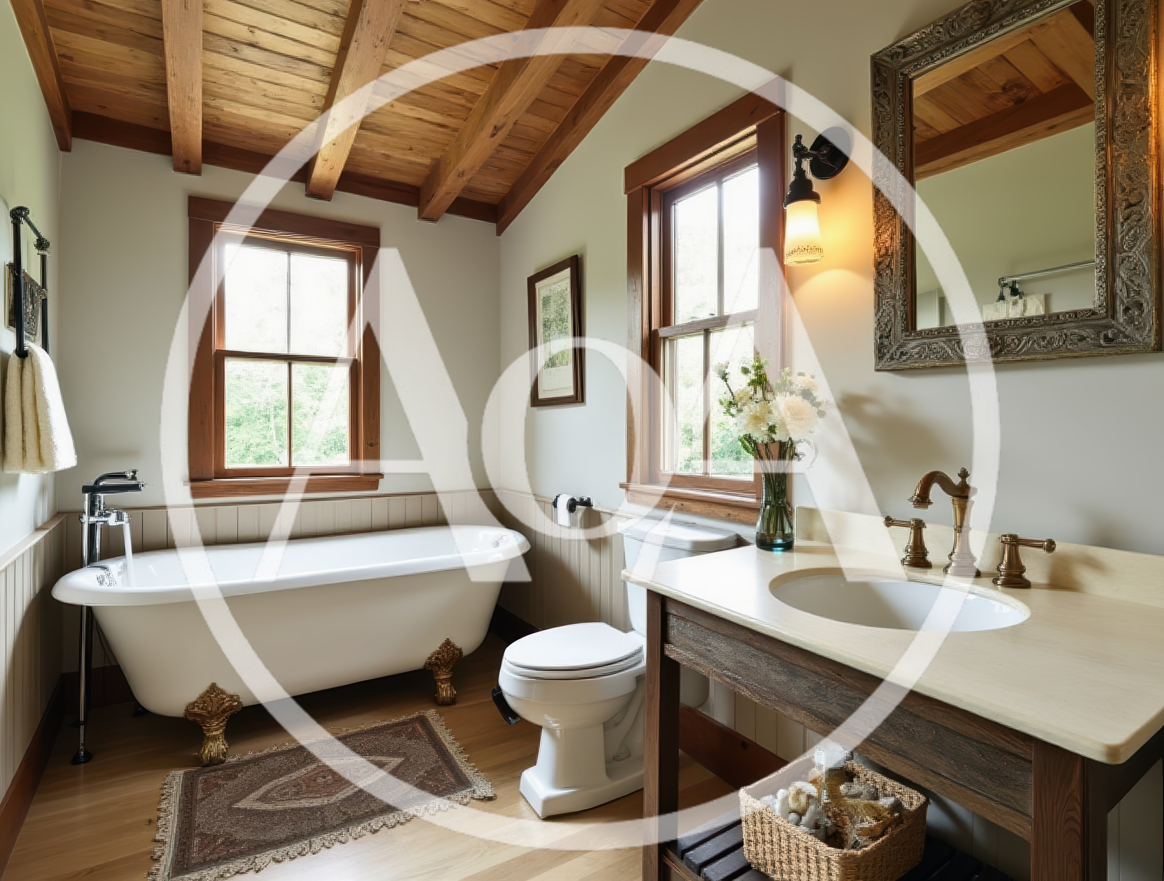 Rustic Bathroom Interior With Clawfoot Tub And Vanity